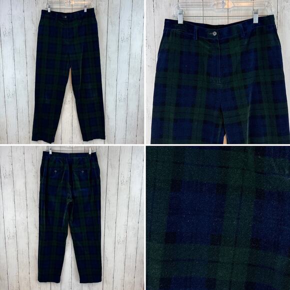 VTG Lauren Ralph Lauren Blue/Green Tartan Plaid Velvet High Rise Pants Size 10 - Picture 1 of 16